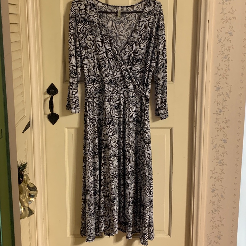 Navy and white 3/4inch sleeve, v- neck dress.